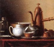 unknow artist Still life of a chocolate pot,teapot,sucrier,bowl,teajar,tea cups and saucers,and silver spoons,all upon a draped table top oil painting